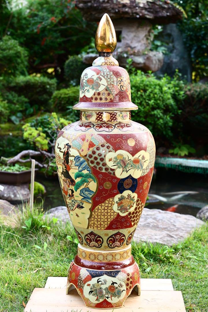 薩摩焼 花鳥図 金彩絵 豪華 壺 飾り物 蓋付 高さ42cm 年代物 薩摩焼