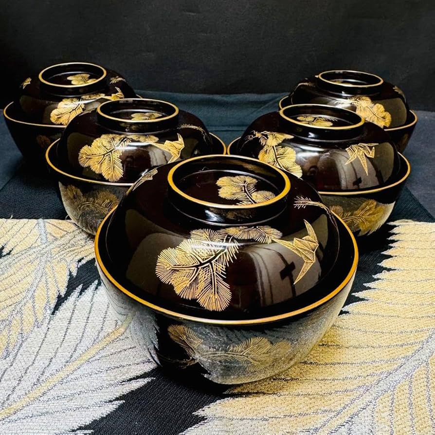 漆器 椀 5個セット 金箔花模様 木箱付き 雑煮椀 5客 セット