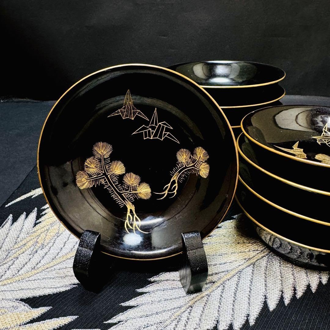 漆器 輪島塗 金蒔絵松鶴文 木製 蓋付椀 お煮物椀 吸物椀 5客 骨董品