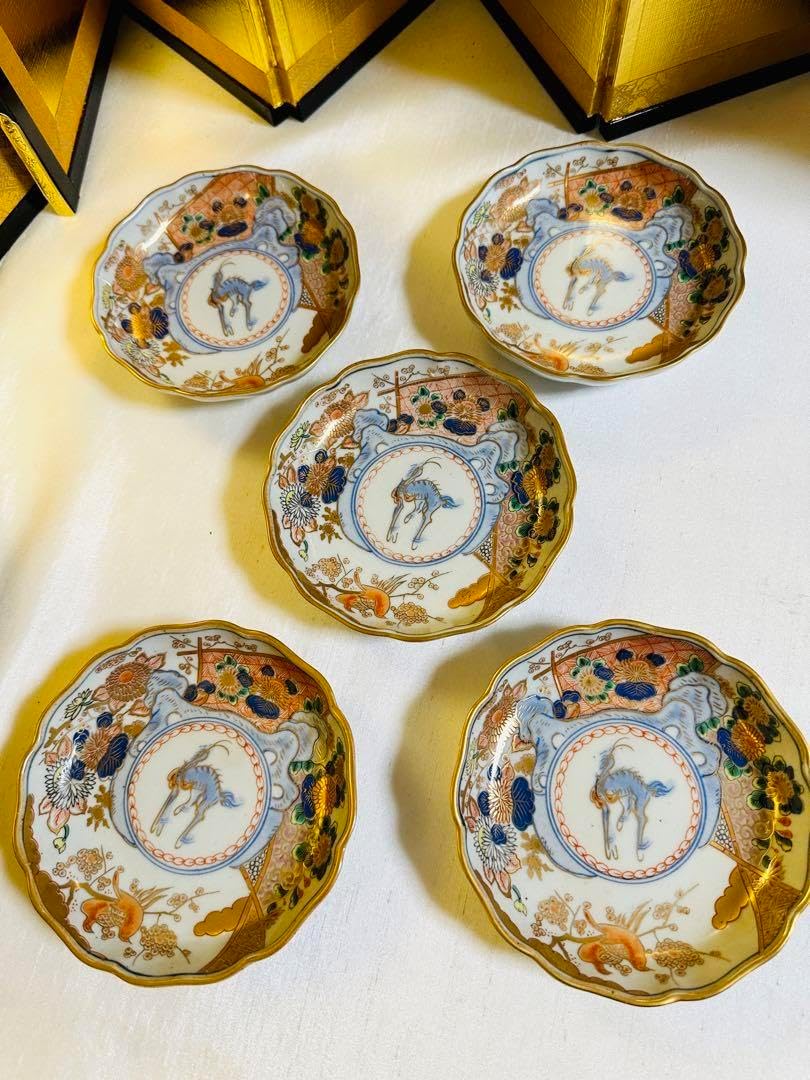 古伊万里 染付 巾着に宝尽くし 麒麟の図 膾皿 5客 129AS-CVv