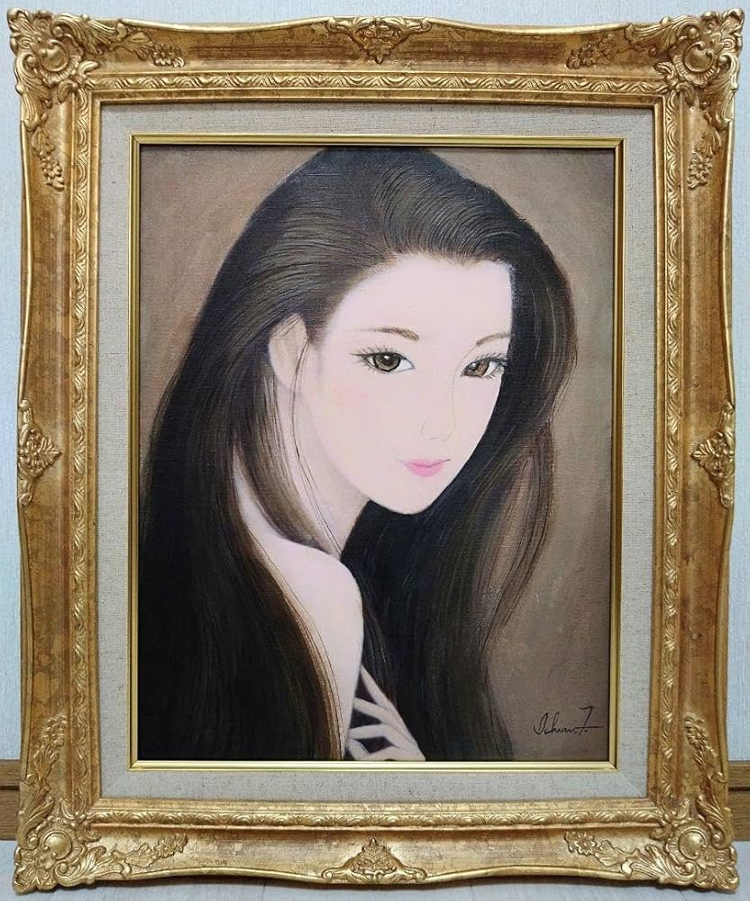 F4号】手描き油彩画 鶴田一郎 額縁 額装 サイン 落款 美人画 ノエビア