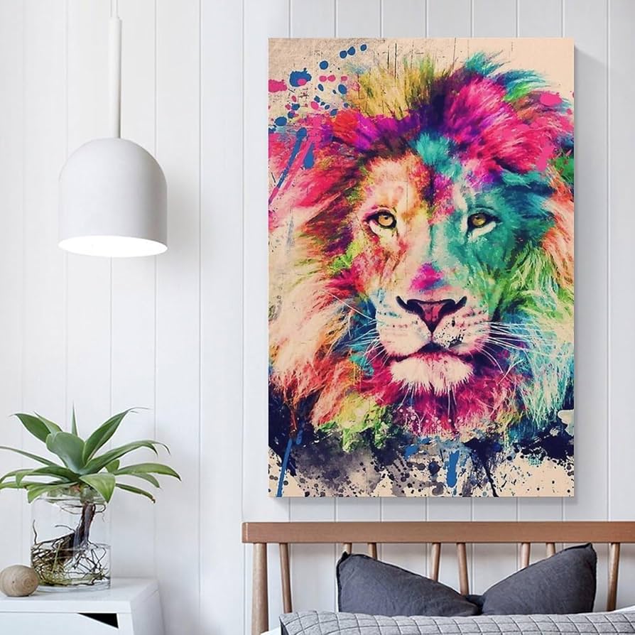 キャンバス油絵専用カラフルなたてがみの かわいいライオン