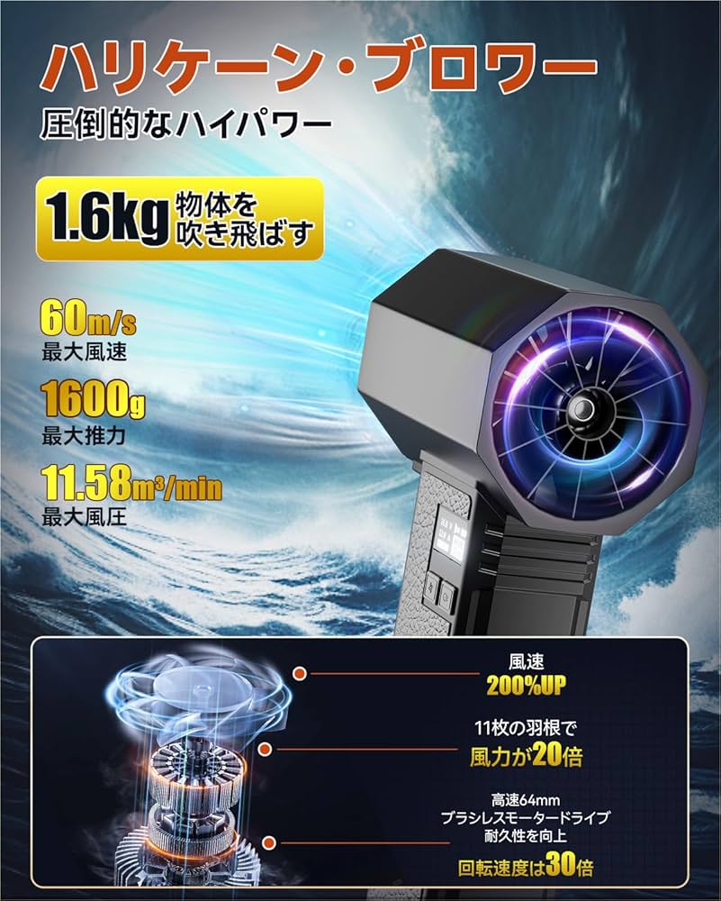 ブロワー♡ 洗車 60m/s大風速 最強ブロワー ターボモードLEDライト