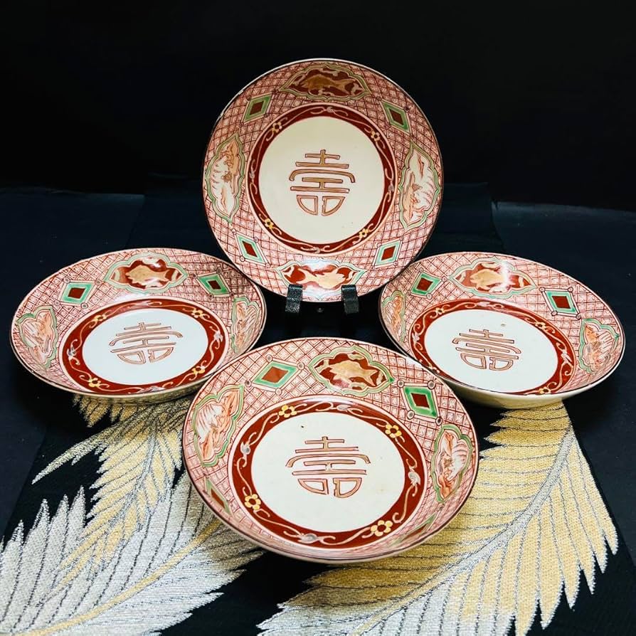 雲】古伊万里 色絵金彩花鳳凰図蓋茶碗 4客 江戸期(茶道具懐石