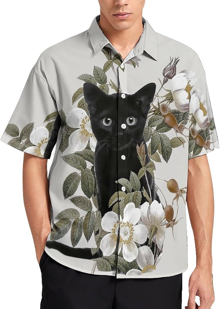 Amazon | [WMSUOHA] シャツ メンズ 花 黒猫 ネコ柄 猫柄 アロハシャツ