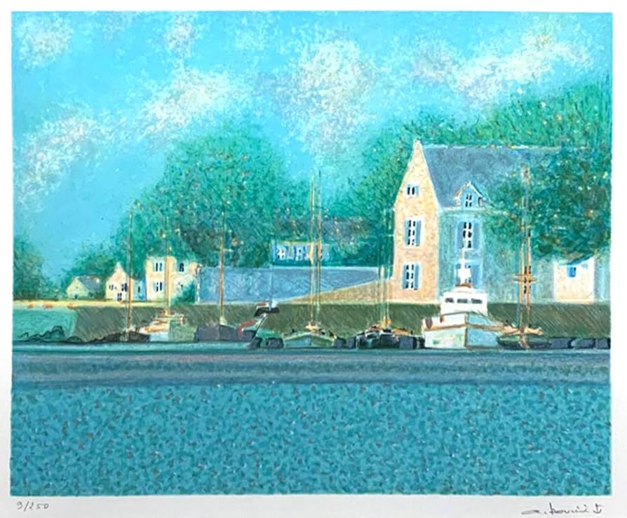 大判リトグラフアンドレ・ブーリエ「港に吹く風」額装版画サイン.ED有り