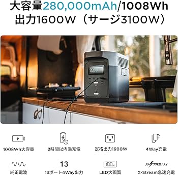 Amazon.co.jp: EcoFlow ポータブル電源 DELTA1000 大容量 1008Wh X