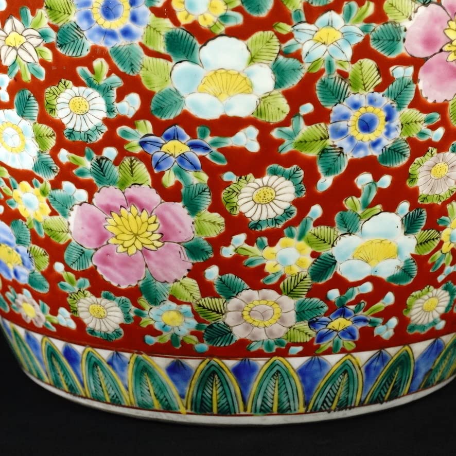 B182s 十錦手「花尽くし火鉢」菊・梅・牡丹手焙り鉢カバー七宝繋