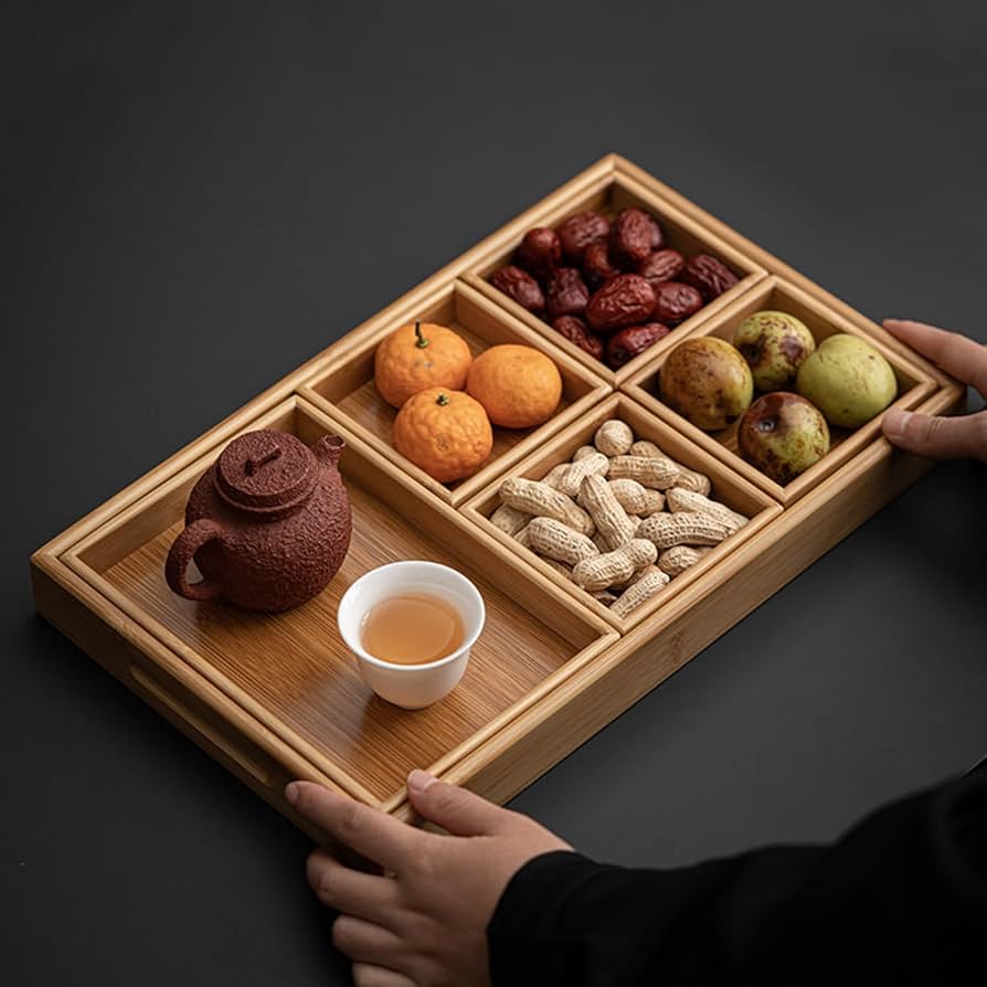 Amazon｜FLYILIA トレー お盆 仕切りトレー トレイ 竹製 長角盆 長手盆