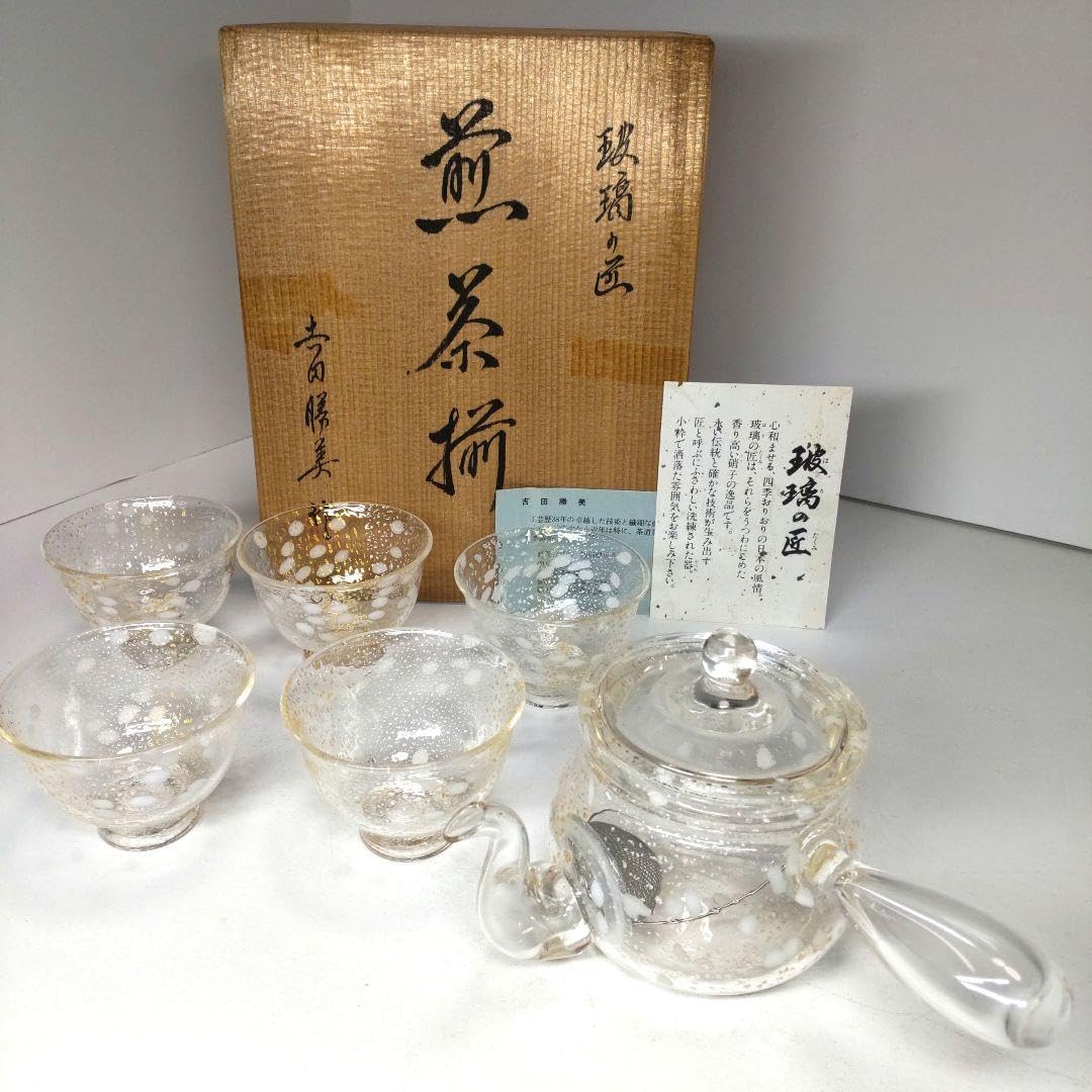 古家】煎茶道具 ガラス作家 玻璃の匠『吉田勝美』金彩硝子煎茶碗5客