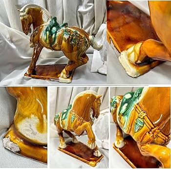Amazon.co.jp: 中国 洛陽美術陶瓷場 唐三彩馬俑 躍動感のある駿馬 高29