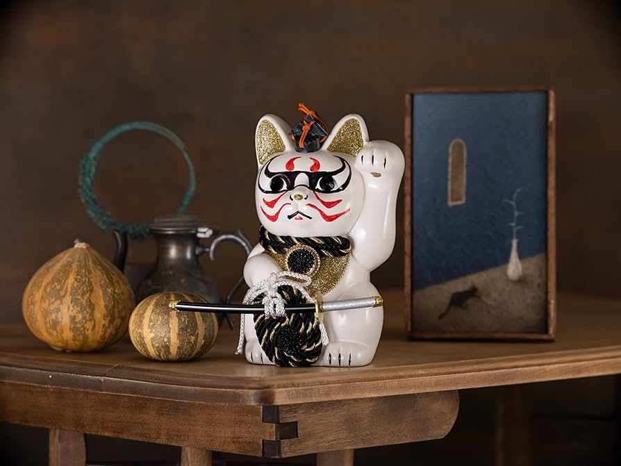 Amazon.co.jp: ご縁猫 歌舞伎 暫(M-SIZE 白 White）左手あげ/陶器