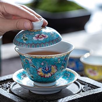 Amazon.co.jp: 中国伝統茶器カンフー茶碗蓋とソーサー付き、伝統三彩