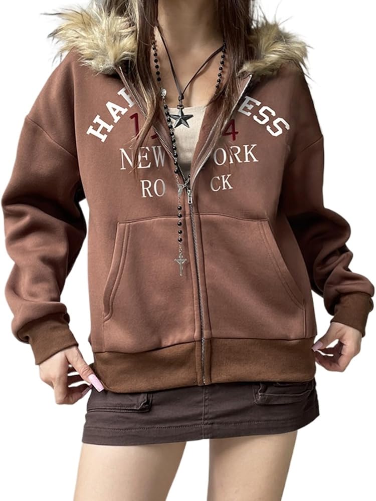 Amazon.com: Hesaco Y2k Zip Up Hoodie Fur Hooded Jacket Graphic