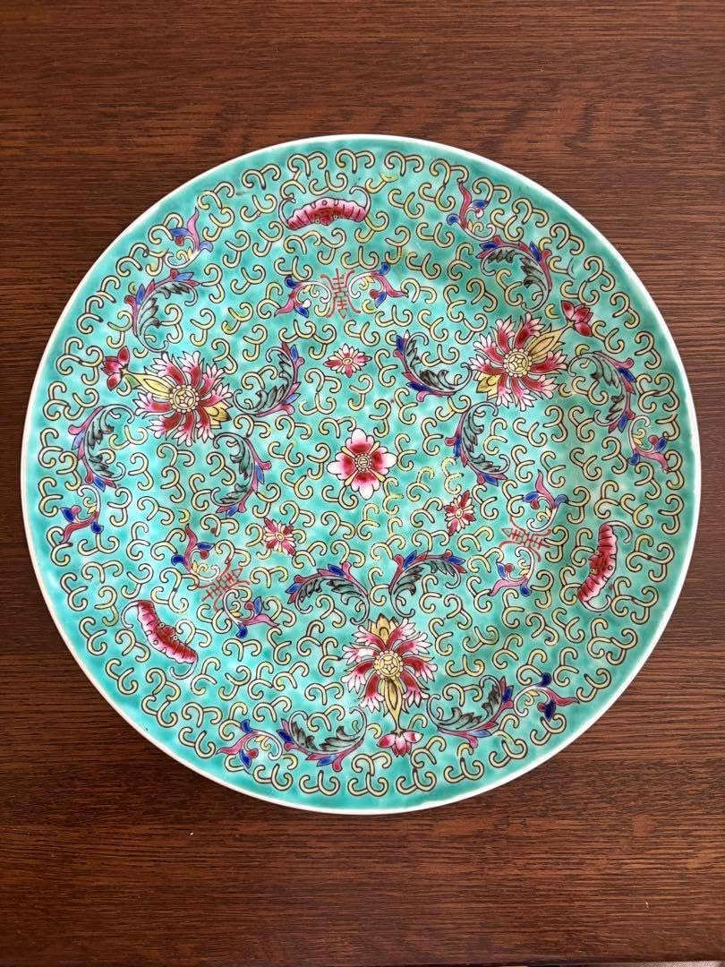 中国景徳鎮 花柄 緑色の皿