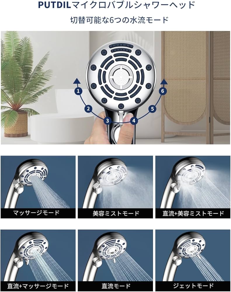 Amazon.co.jp: シャワーヘッド マイクロナノバブル 6段階水流モード