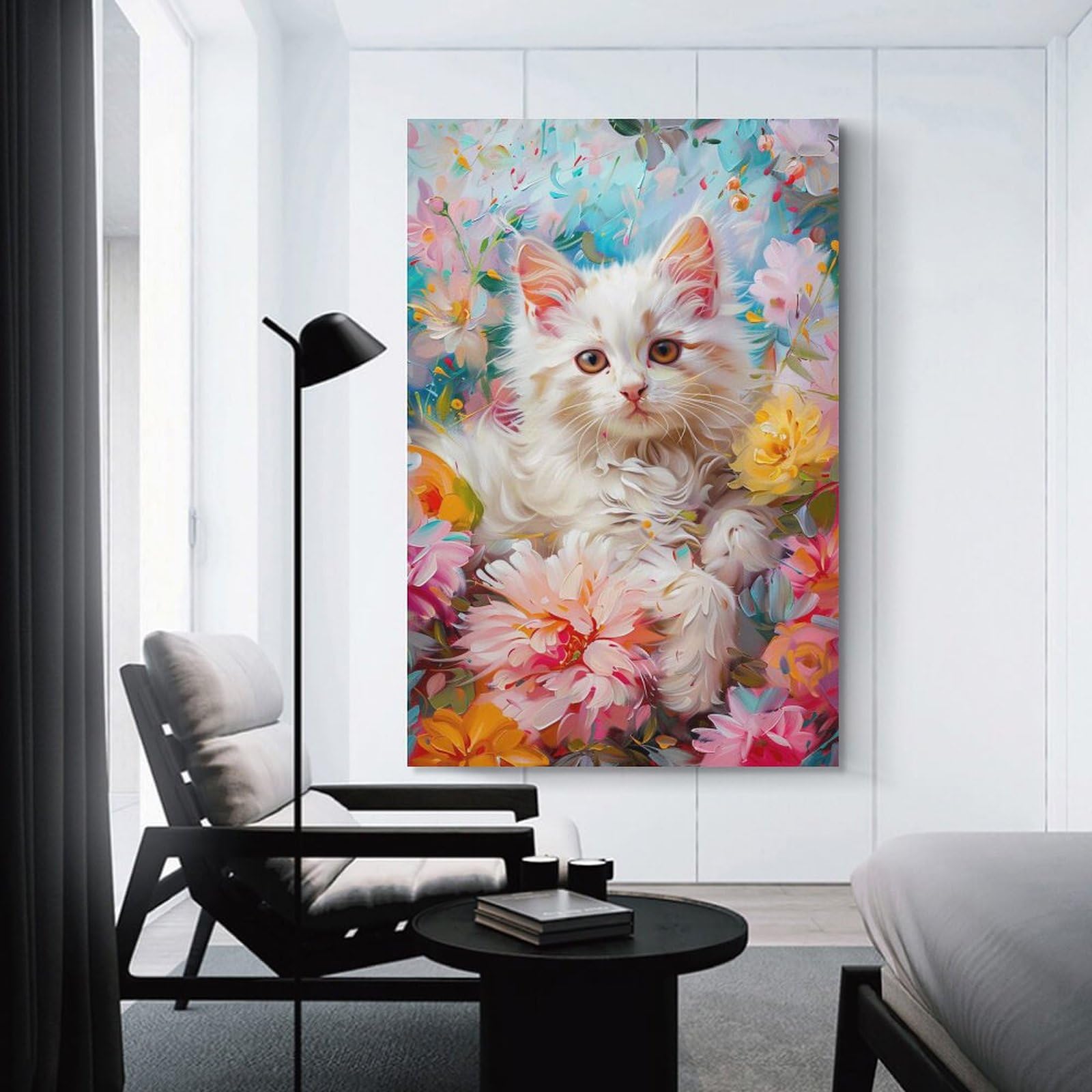 絵画 。壁掛け絵【部屋の中で花瓶を片付ける少女とかわいい白猫ちゃん