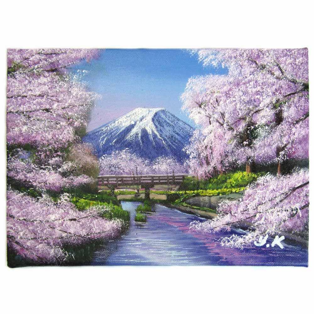 真作】絵画 油彩12号 風景画 春の里山 桜咲く古民家の風景