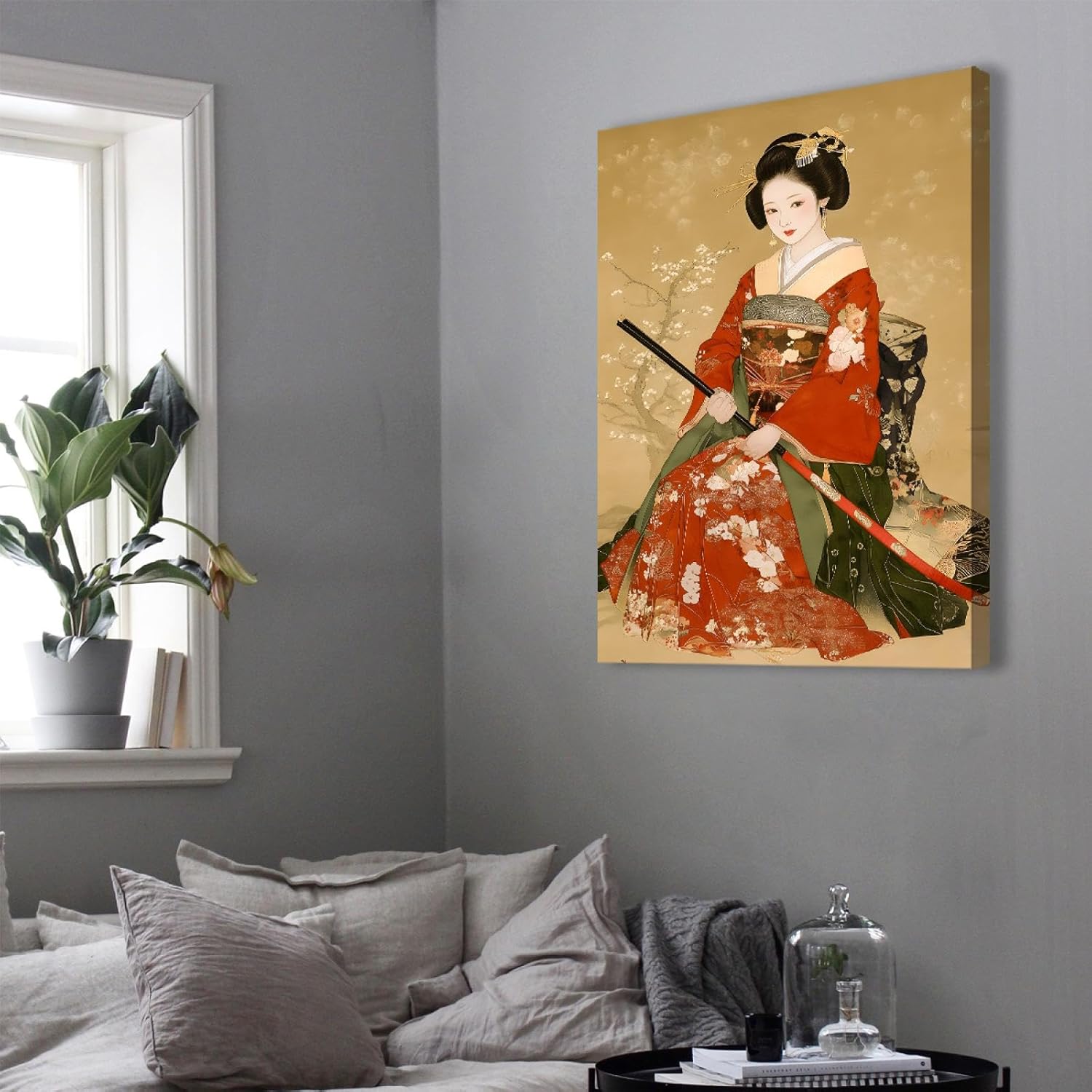 日本の芸者キャンバスウォールアート着物のエレガントな女性絵画伝統的