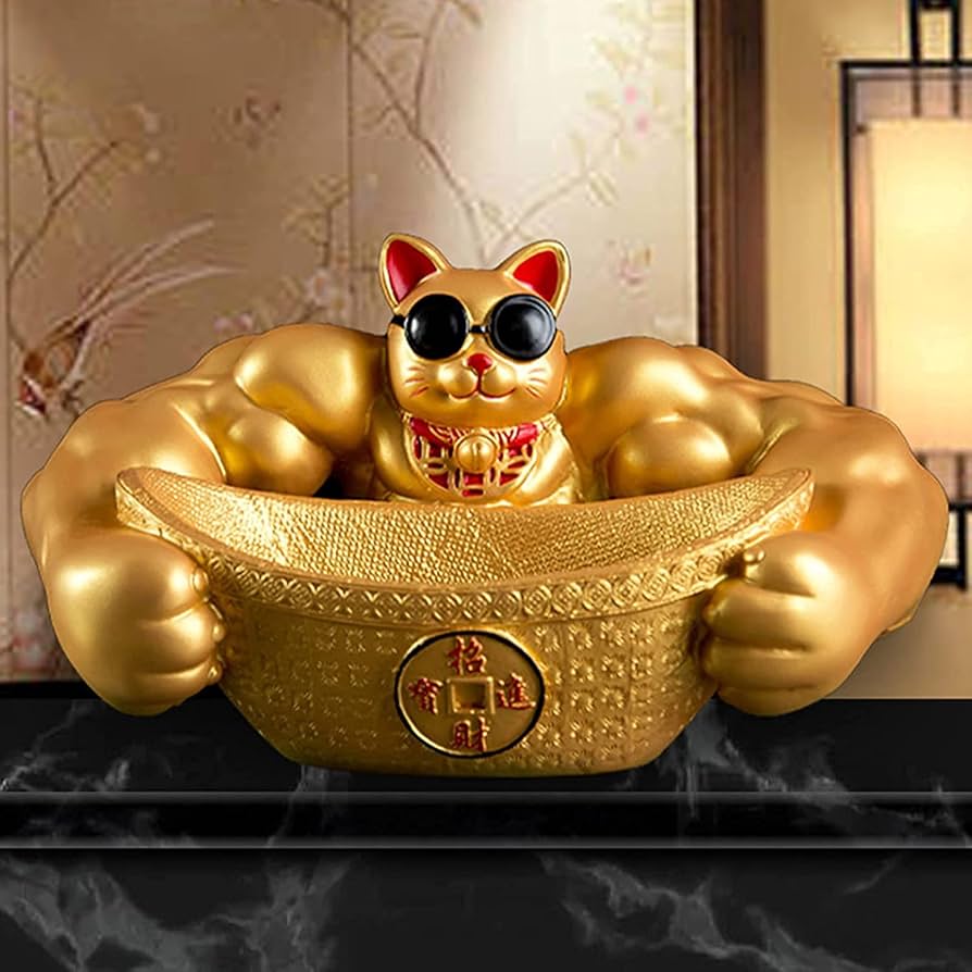 Amazon.co.jp: 幸運の猫 置物 筋肉の腕 猫像 富 幸運の像 風水