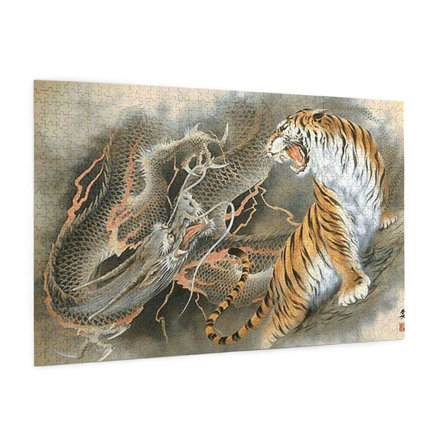 松竹林の虎 パズル千ピース 74×51㎝金色アルミ額 パネル完成