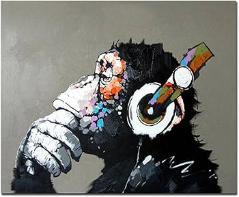 Amazon.co.jp: Fokenzary手書き 絵画 壁掛け油彩画音楽を聴く猿抽象画