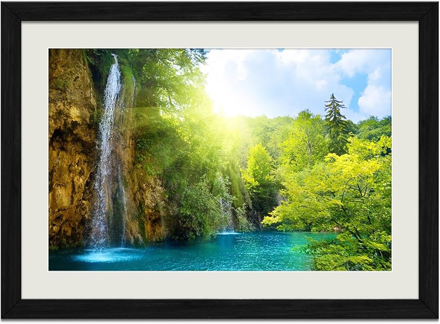 Amazon.co.jp: 美しい緑の森、滝、川、山 (018) 自然風景 壁掛け黒色