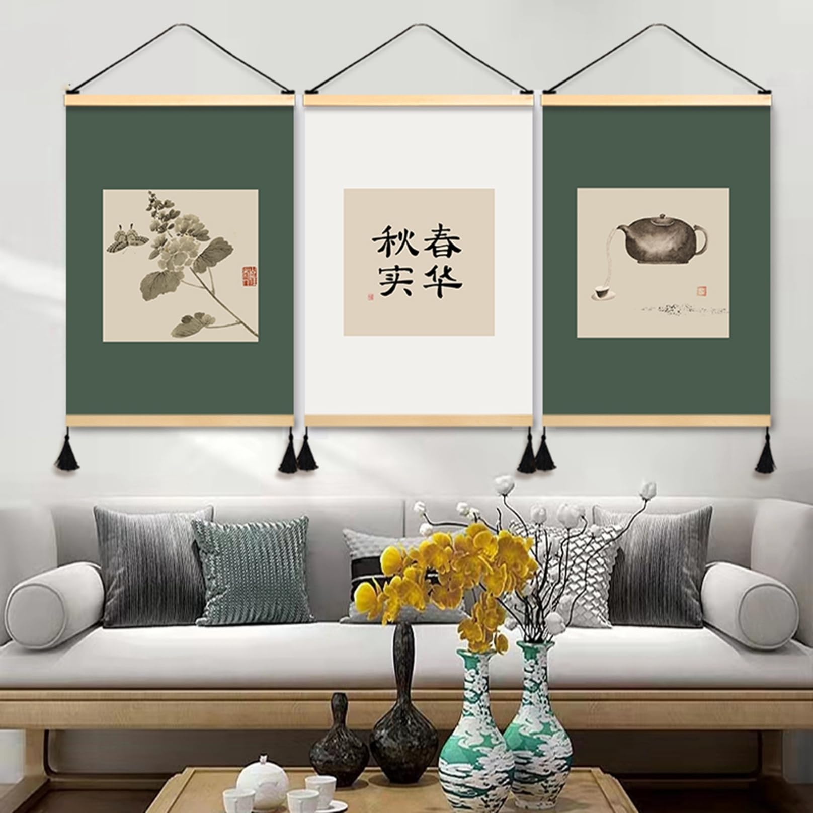 水墨画 掛け軸 タッセル付き 15枚 水墨画 タッセル付き 掛け軸 15枚