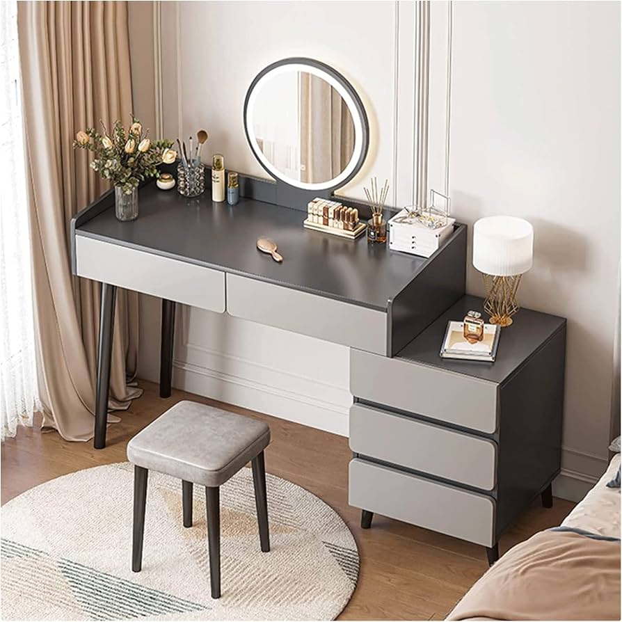 Amazon｜ドレッサー グレーの化粧台、クッション付きスツール付き化粧