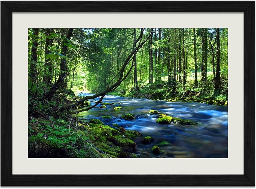 Amazon.co.jp: 美しい緑の森、滝、川、山 (059) 自然風景 壁掛け黒色