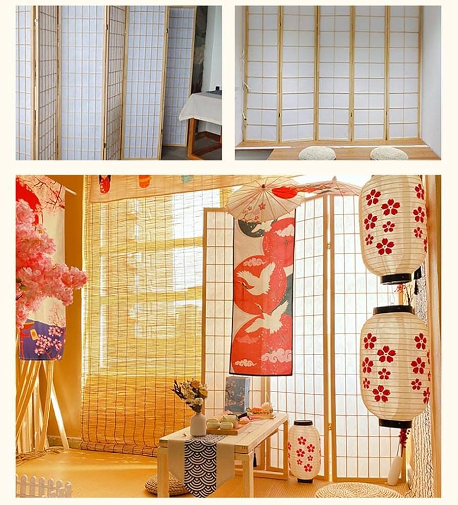 昭和レトロ 竹製格子型屏風 日本画 春夏秋冬草花 4枚 パーテーション