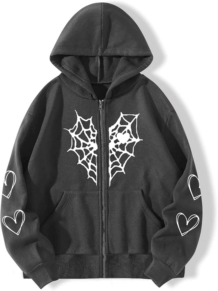 Kelabia Gothic Spider Web Graphic Hoodies Grunge Y2K Skeleton Zip