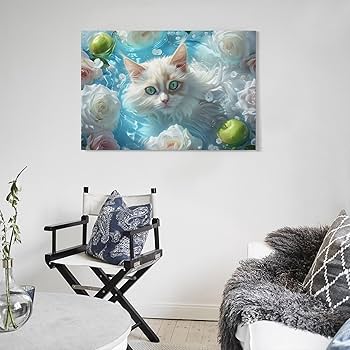 絵画 壁掛け絵【バラの庭で絵を描いている少女と遊んでいるかわいい猫2