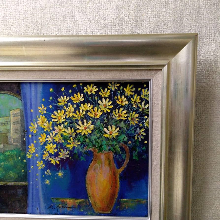 肉質油絵横F4 花と花瓶青木今陽額装仕上げ品