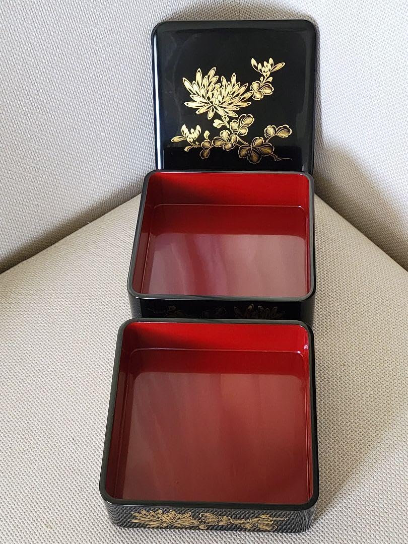 デッドストック！内朱金縁黒漆に極上宝尽蒔絵の映える二段重（検輪島塗