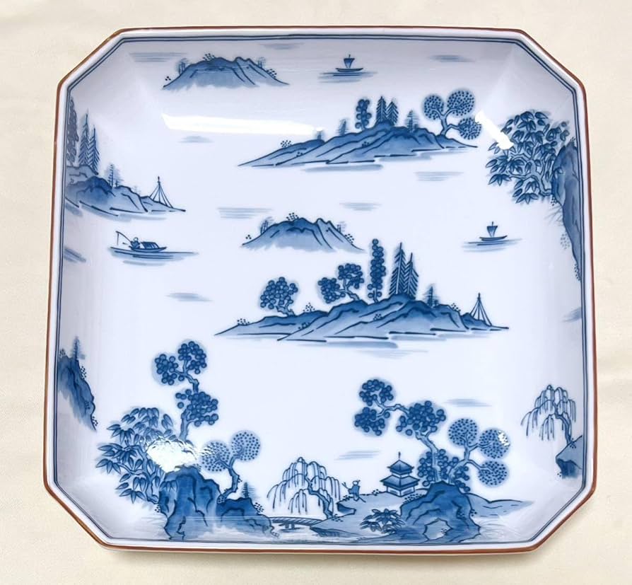 角皿 染付 8枚 山水 江戸 雲 民家 船 変形皿 合箱あり