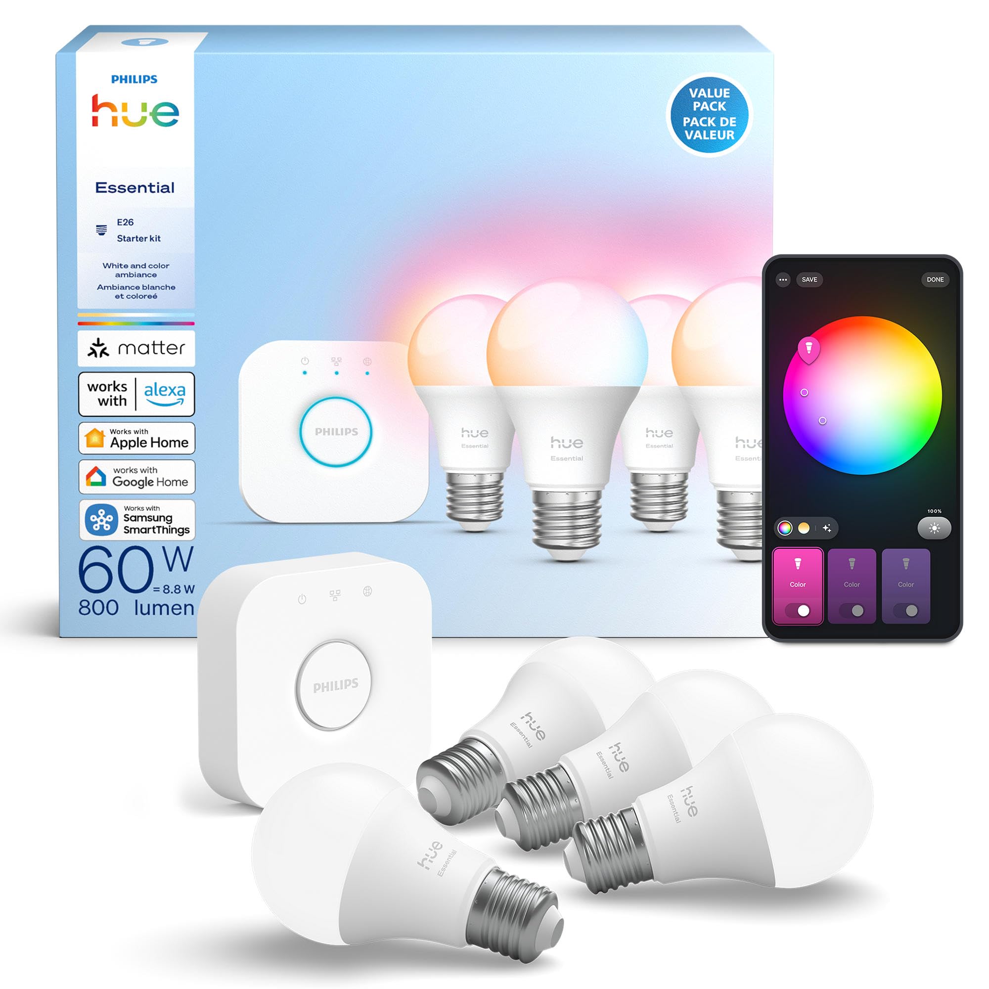Philips Hue Essential Starter Kit: Bridge + 4 Essential E26 Smart
