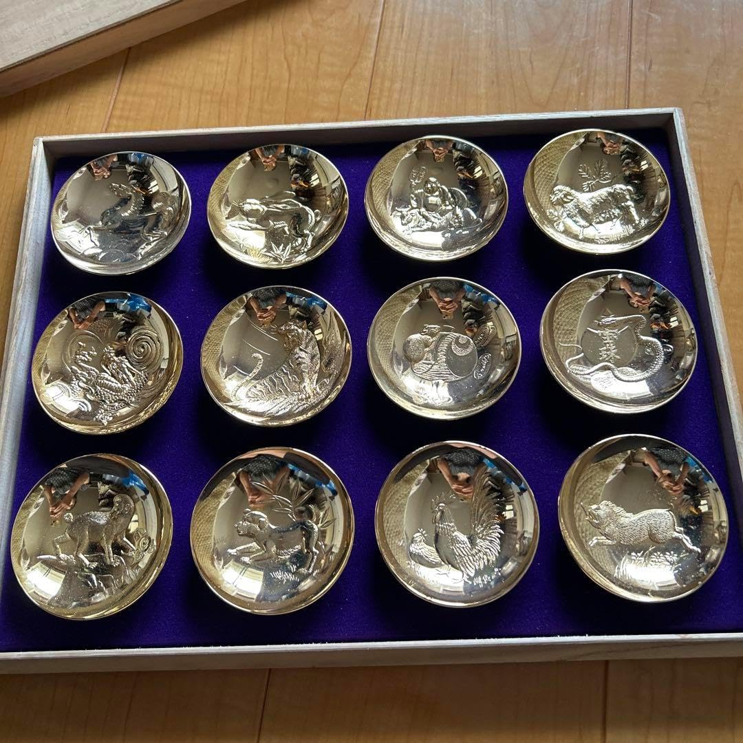 12干支お茶セット 干支 金杯 12個 24KGP 十二支金盃セット箱入り 金杯