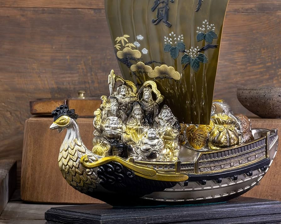 宝船 龍神 七福神 陶器製 オブジェ 置物 風水 開運 時代物 七福神