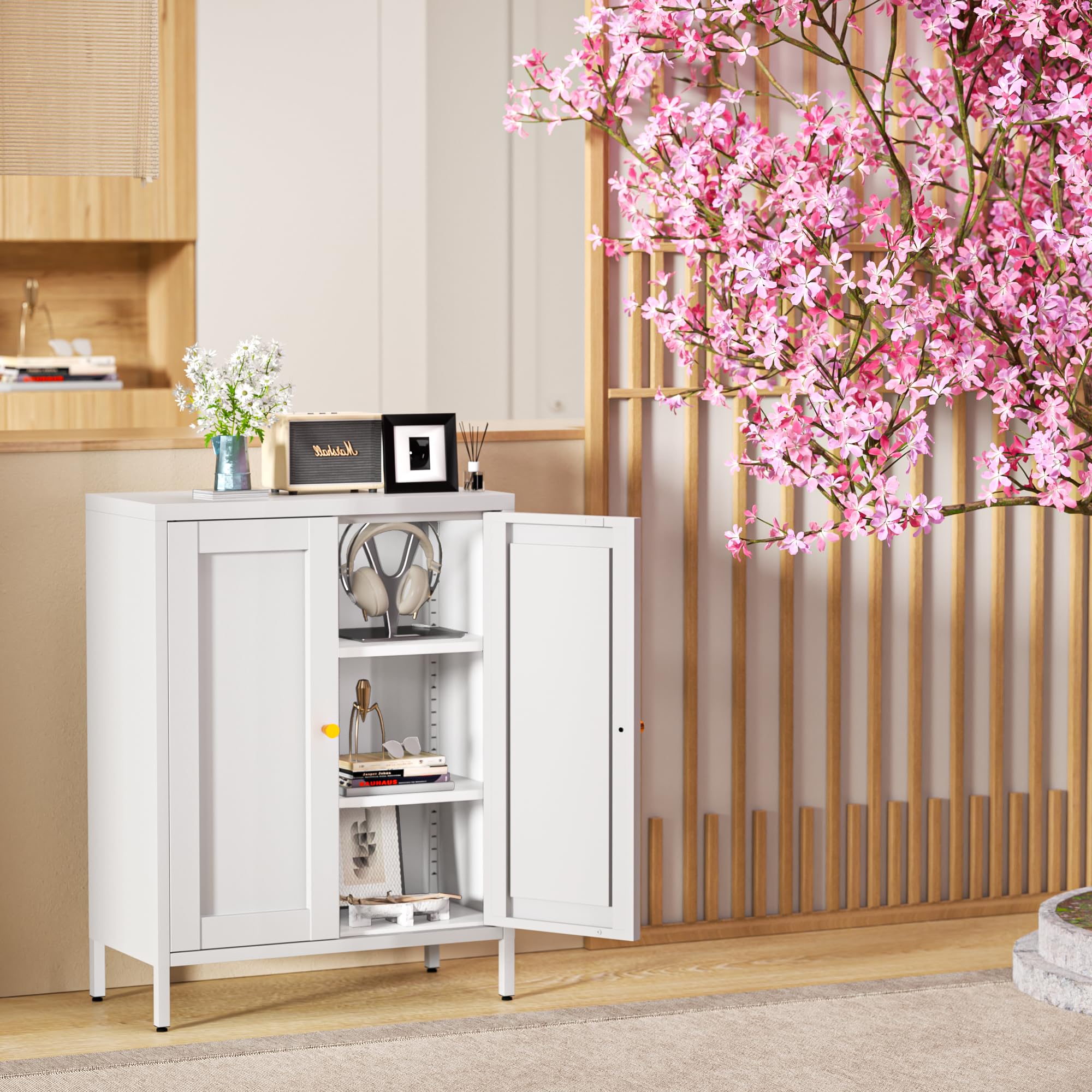 サイドボード 鋼製 キャビネット 扉付き リビング 収納 観音開き 調節