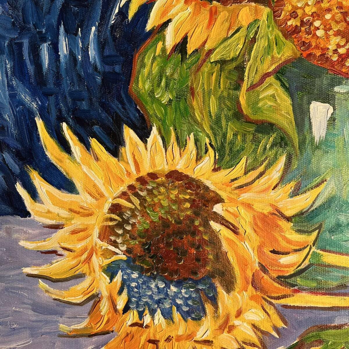 ☆秀作☆ 手書き油絵 ゴッホ 4本の切ったひまわり 肉筆絵画 額付き