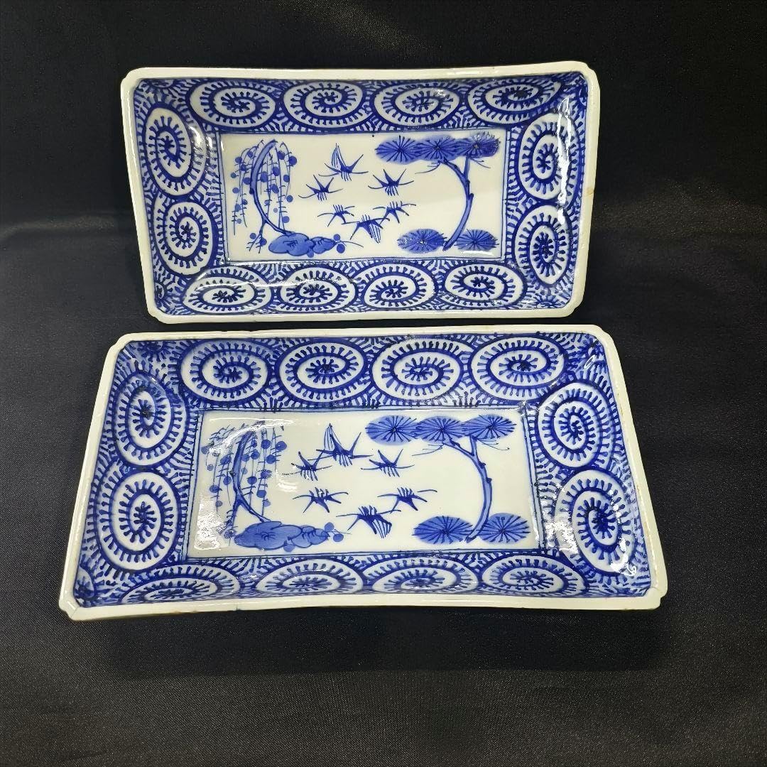 骨董 アンティーク 古伊万里 色絵 鮎皿 長方皿 2枚 骨董 アンティーク