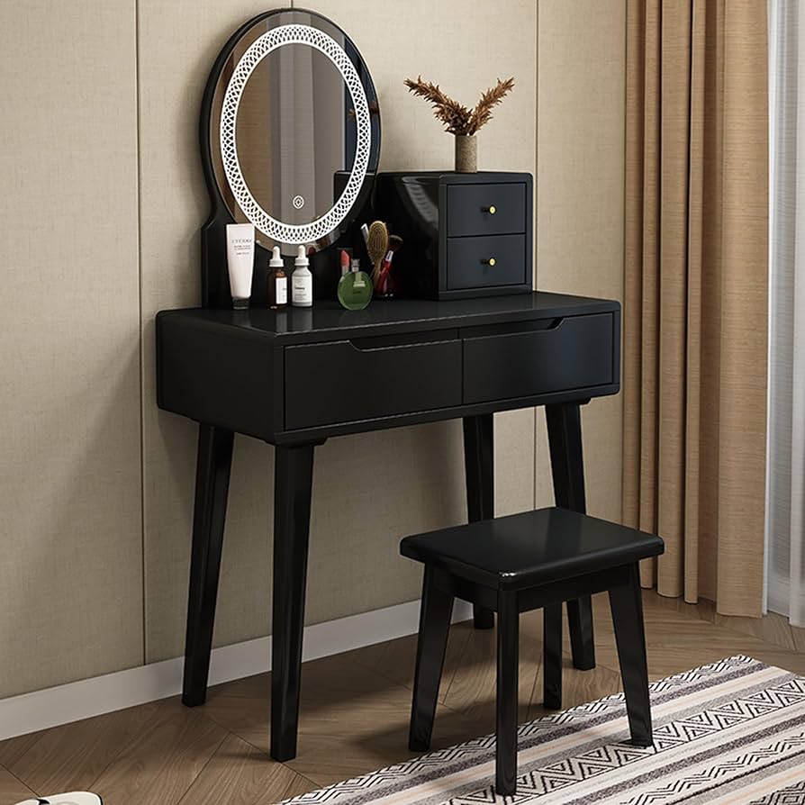 Amazon｜FUKEFUZ 鏡とLEDライト付きの化粧台、化粧スツール付きの寝室