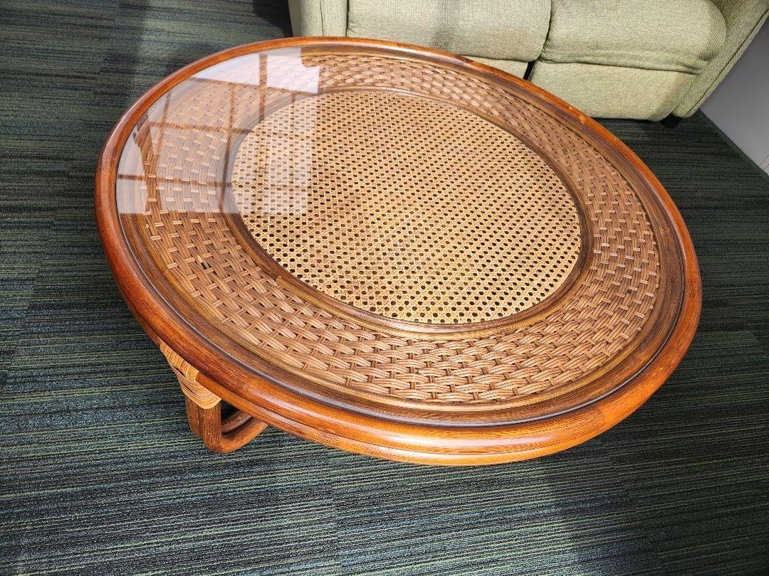 昭和レトロ 大型 ラタンテーブル 籐家具 ラウンドテーブル 座卓 古家具