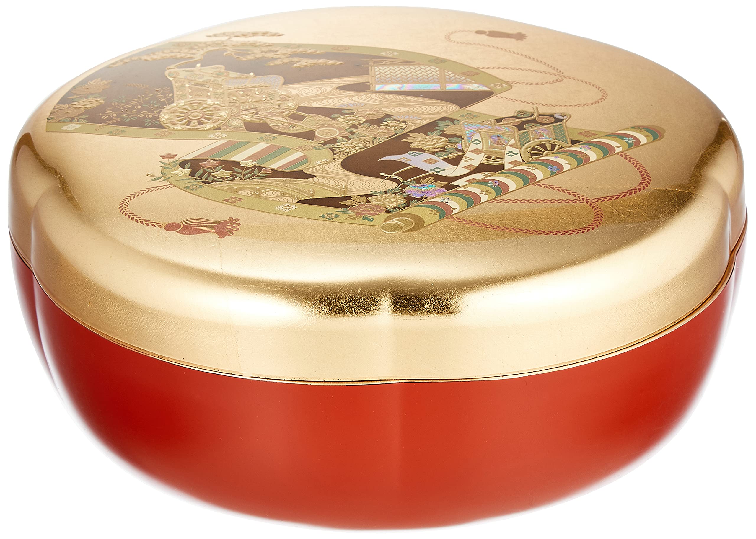 時代 蒔絵 朱塗り 金彩松竹梅 鶴亀 木製菓子鉢 合わせ箱付き 時代 蒔絵