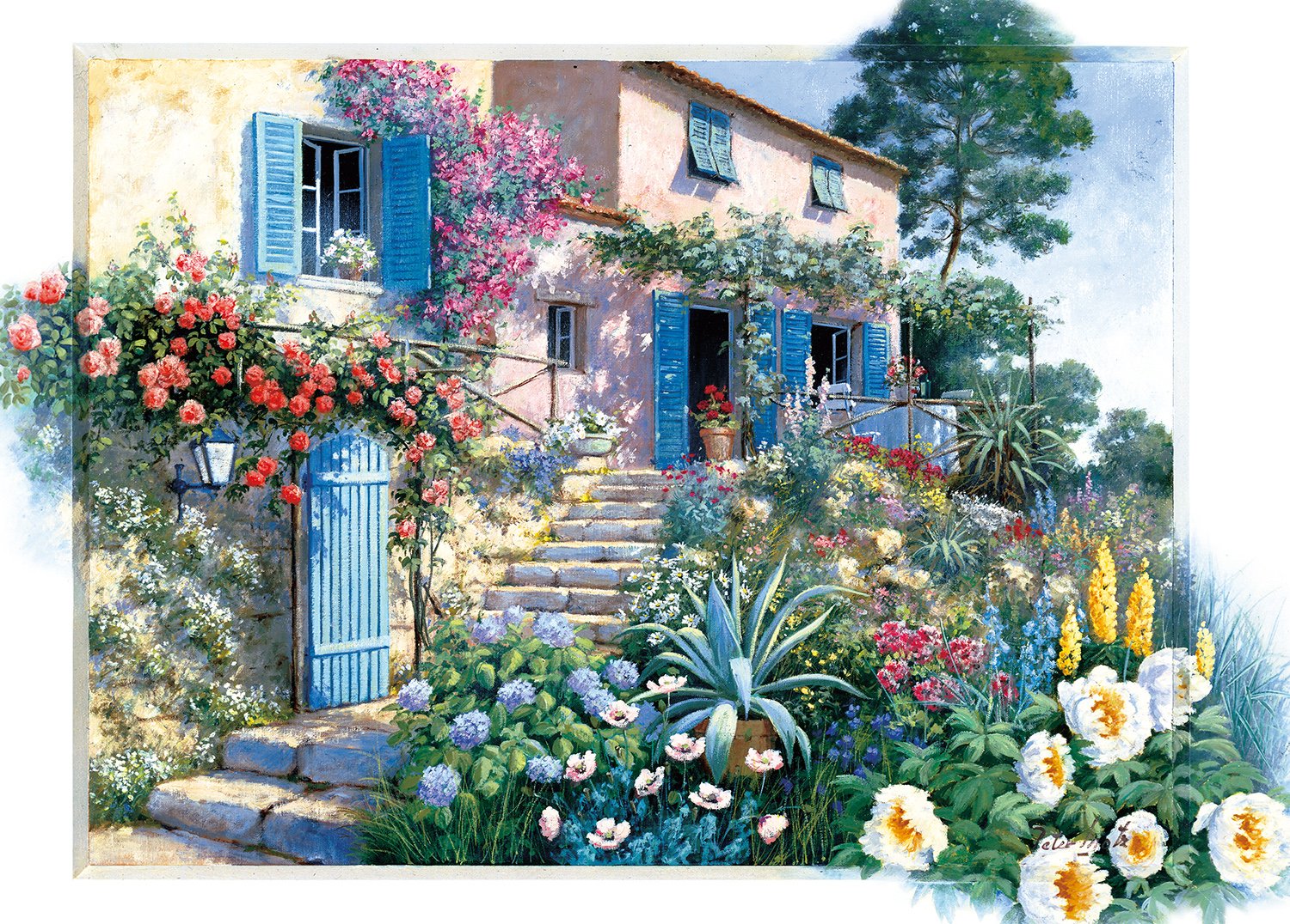 千P③花ガーデン階段口ジグソーパズル アルミ額50×74㎝完成 油絵作名