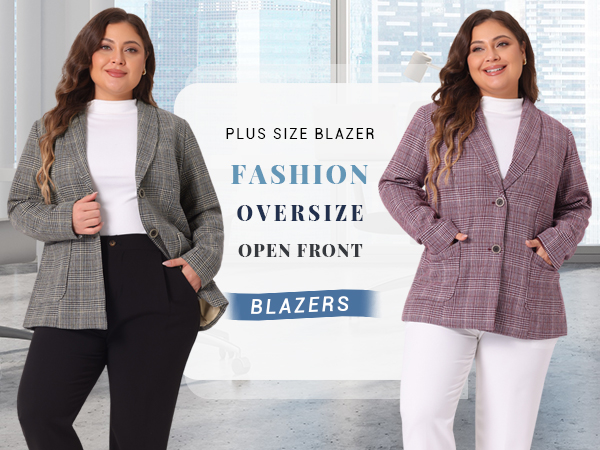 Agnes Orinda Plus Size Plaid Blazer for Women Lapel Jacket Work