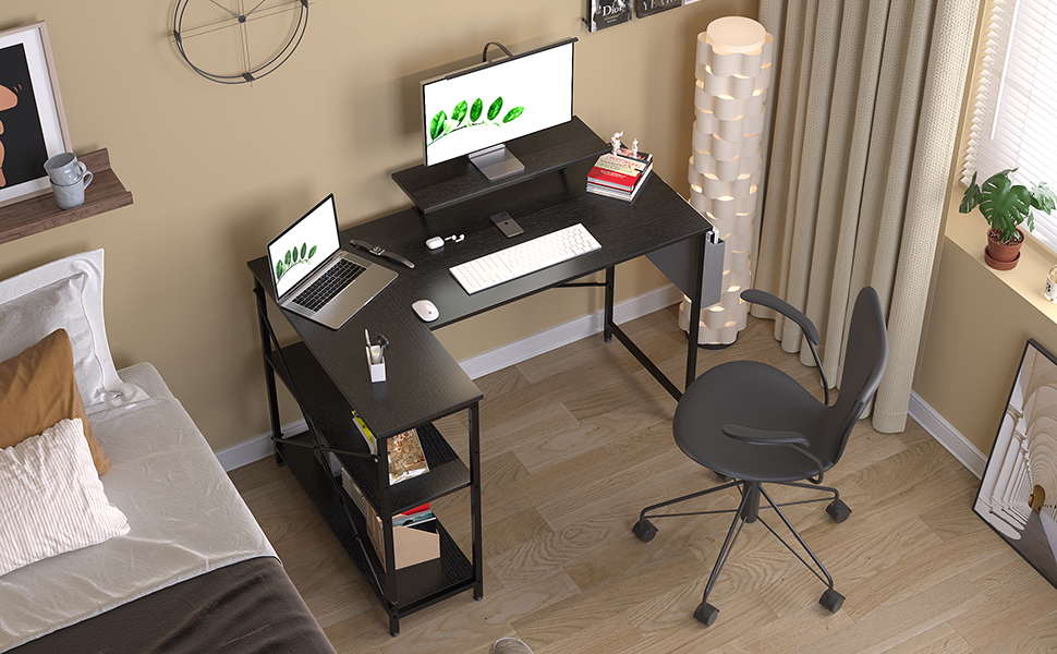 Amazon | HomGiz パソコンデスク L字デスク ラック付きデスク幅120cm