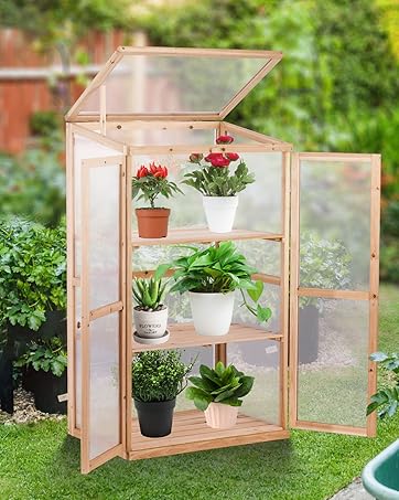 Amazon.com : KAHOO Wooden Greenhouse 3 Tier Plant House Portable