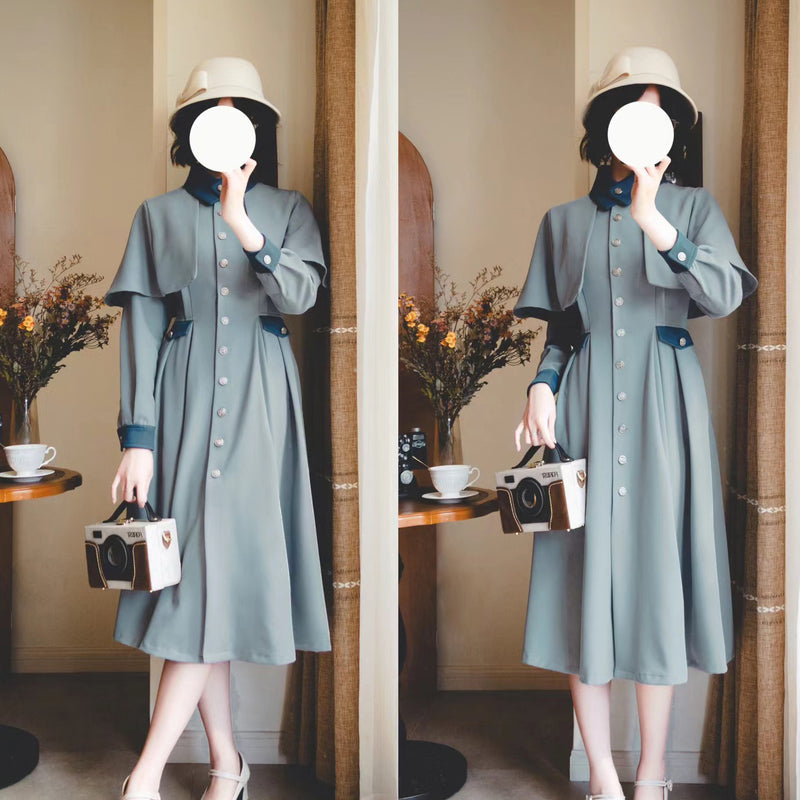 映画女優のクラシカルコートワンピースとショートケープ（ホリゾン